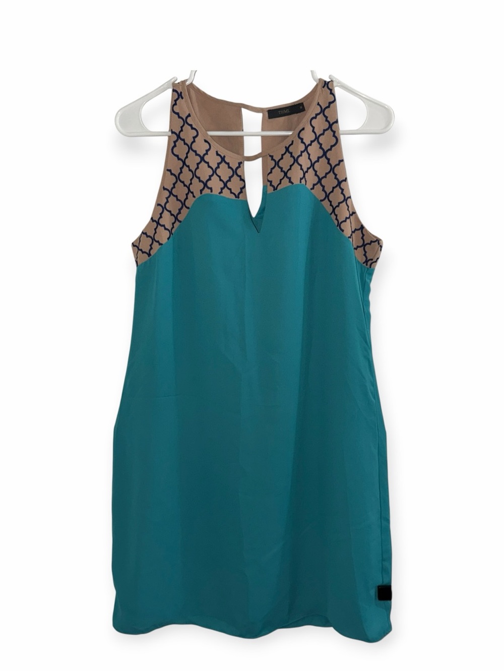 Medium Teal Sleeveless Shift Dress with Patterned Yoke- NWOT